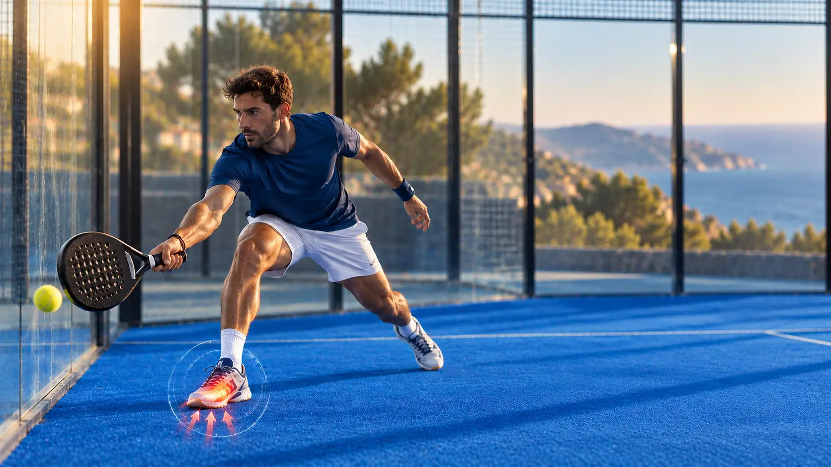 Joueur de padel en fente vers l’avant, raquette tendue vers la balle, sur un court vitré face à la mer